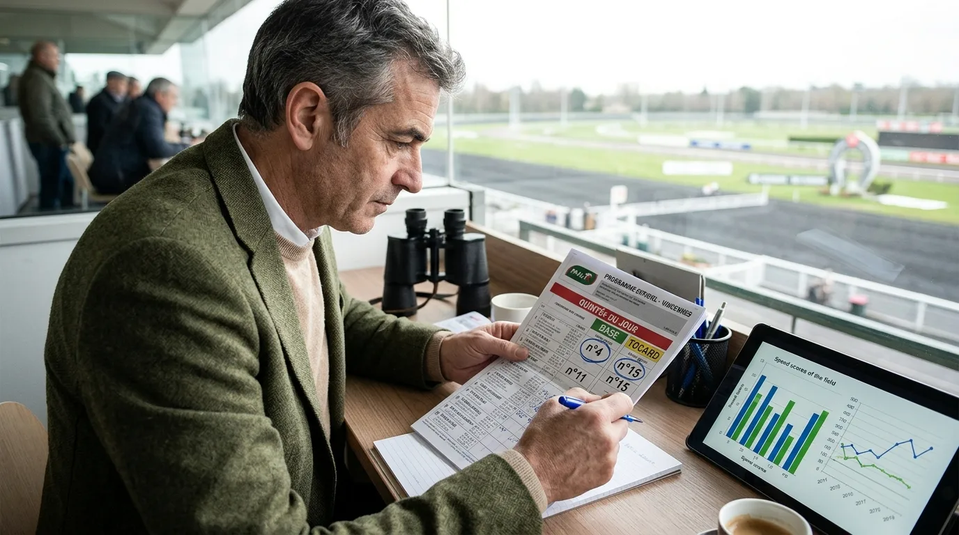 Base Quinté+ analysée sur programme papier, turfiste cochant base et tocard quinté avant départ